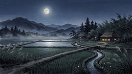 Mondnacht über japanischen Reisfeldern von my pixel art