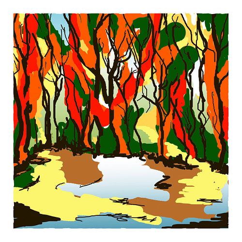 Zeefdruk art-kunst van bos in kleuren van de herfst