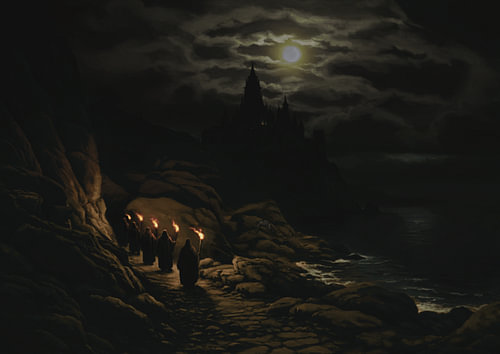 Dark Fantasy Moonlit Castle and Hooded Pilgrims