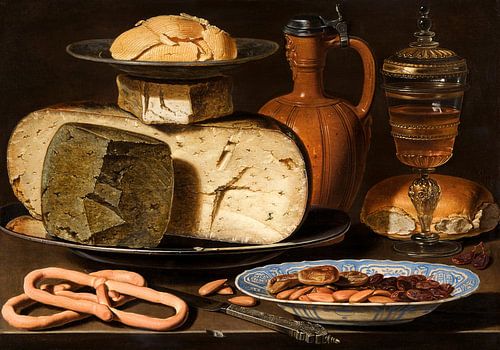 Clara Peeters, Stilleven met kazen, brood en drinkgerei