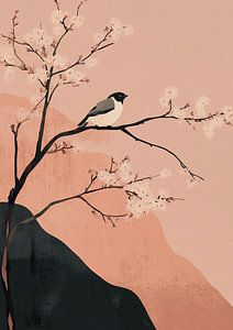Eine Kirschblüte und ein Singvogel