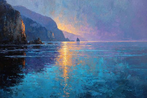 Rotsachtige kliffen bij zonsopgang - olieverfschilderij