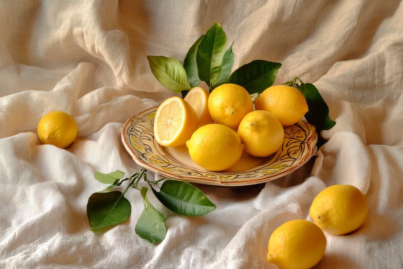 Fresh lemons on a plate by Poster Art Shop