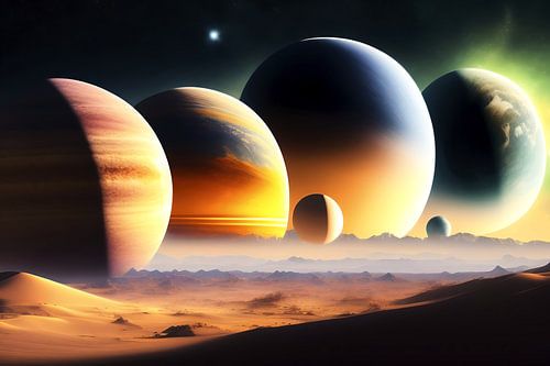 Fantasieplaneet boven woestijnplaneet