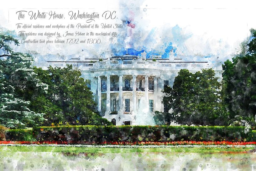 Het Witte Huis, Watercolor, Washington DC van Theodor Decker