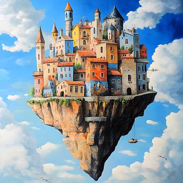 Kleurig stadje zwevend op een rots, surrealisme van Jan Bechtum