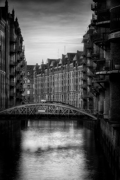 Hamburg Speicherstadt at sunset. Black and white image. by Manfred Voss, Black-White Photography