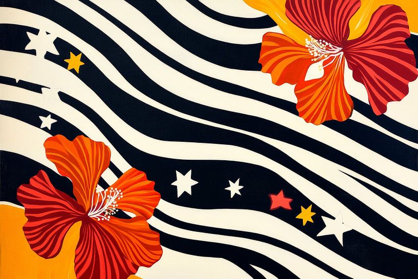 Bloemenpatroon met golven en sterren van Poster Art Shop