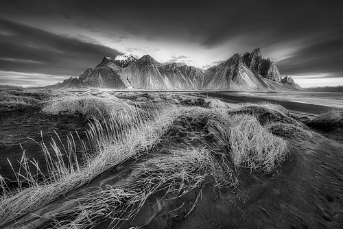 Landschap bij lavastrand op IJsland in zwart-wit.
