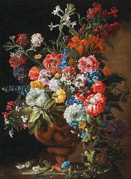 Bloemen in een decoratieve terracotta vaas op een stenen richel, Abraham Brueghel