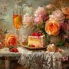 Romantisches Stillleben mit Kuchen, Champagner und Rosen – warm und elegant von Joriali Fine Art