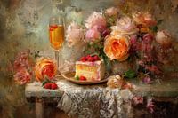 Romantisches Stillleben mit Kuchen, Champagner und Rosen – warm und elegant