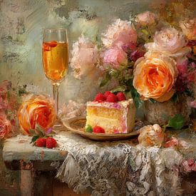 Romantisches Stillleben mit Kuchen, Champagner und Rosen – warm und elegant von Joriali Fine Art