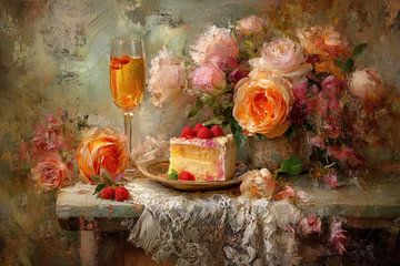Romantic still life with cake, champagne and roses – warm and elegant by Joriali Fine Art