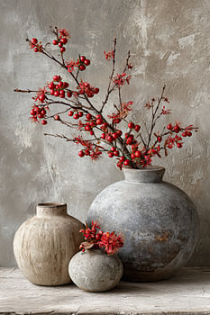 Wabi Sabi stilleven met rode bessen -  rustiek en elegant kunstwerk