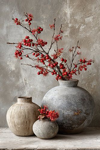Nature morte Wabi Sabi avec baies rouges - œuvre d'art rustique et élégante
