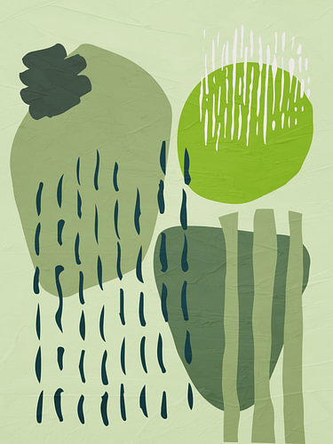 Minimalist abstract art featuring organic shapes in shades of green, nature.