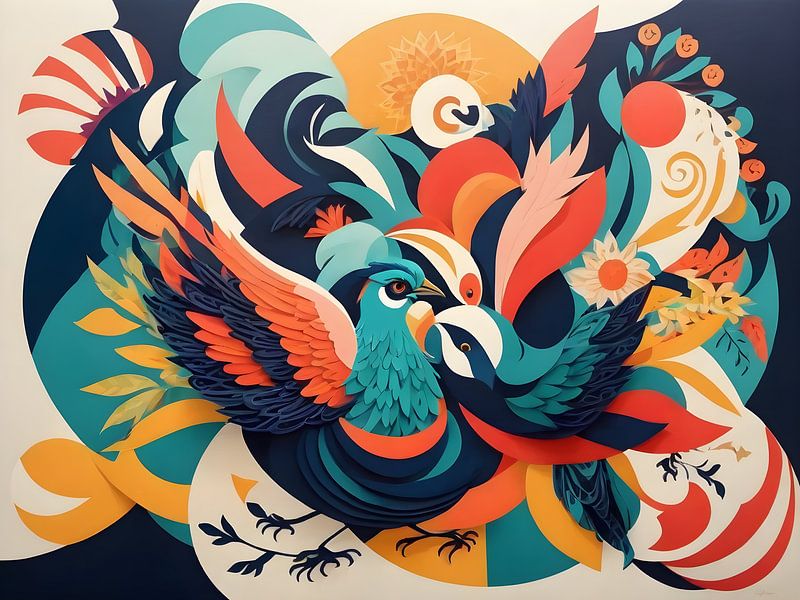 Vibrant bird in colourful abstract design by Bart Veeken