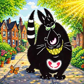 Cartoon cat in a colourful street by Linda de Klein