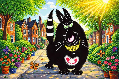 Cartoon cat in a colourful street