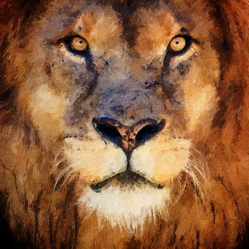 Close-up portrait of a lion with open eyes (painting)