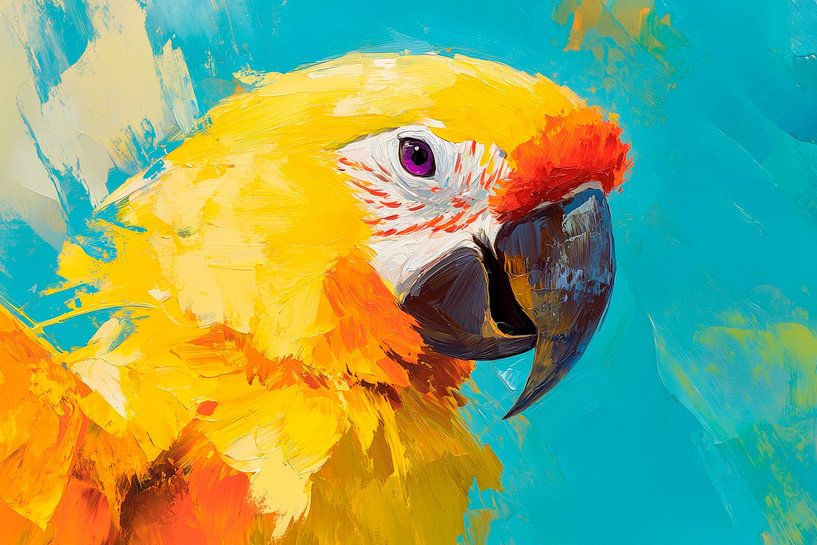 Colourful macaw portrait against a blue background by Poster Art Shop