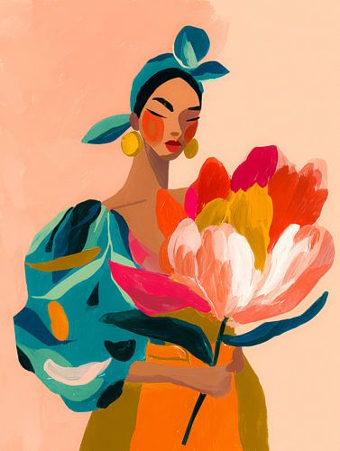 Femme avec une fleur colorée dans des tons tropicaux