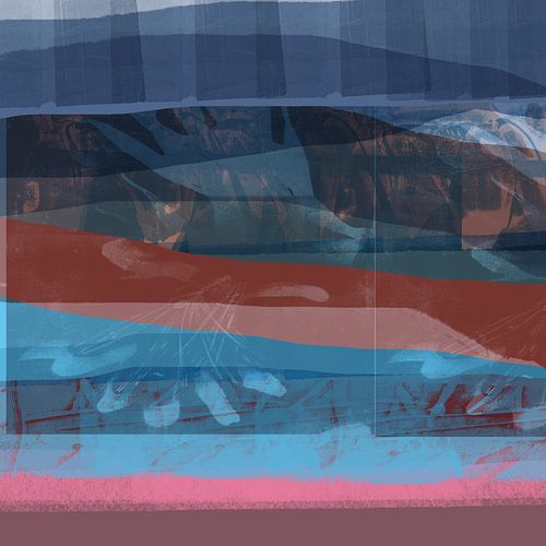 Terra Blue. Modern abstract landschap in paars, blauw, roze, terra.