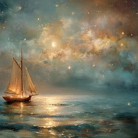 Sailing ship in the Starry Night - Mystery Painting by Peter Pen Drawings and Paintings