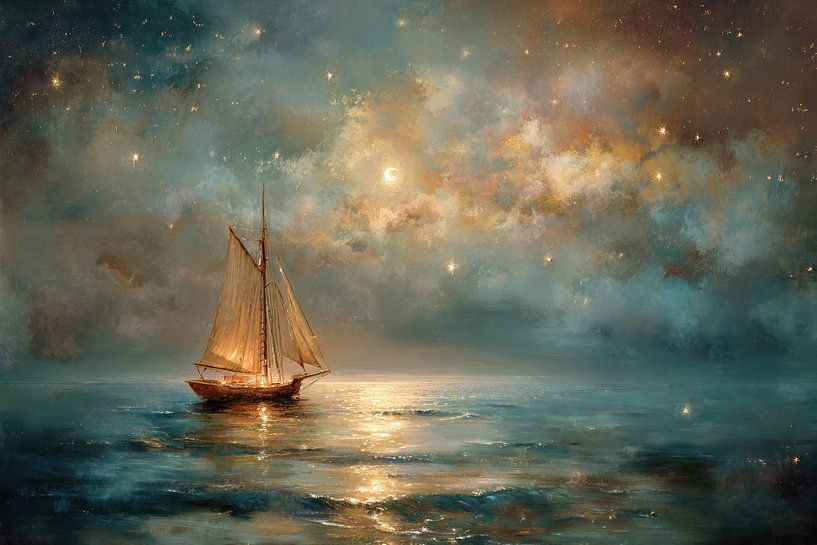 Sailing ship in the Starry Night - Mystery Painting by Peter Pen Drawings and Paintings