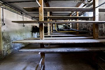 Foto van de oude planken in een melkfabriek. van Therese Brals