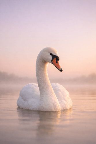Elegant Swan in Pastel-Coloured Morning Mist – Serene Nature Portrait on Still Water