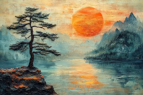 japanse kunst landschap met rijzende zon