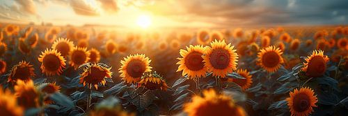 Adembenemend zonnebloemveld bij zonsondergang op idyllisch platteland