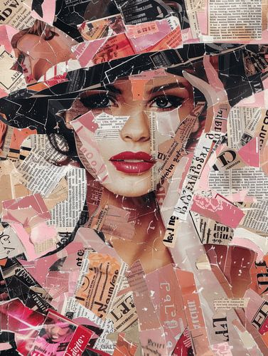 Portret in collage stijl, in roze tinten