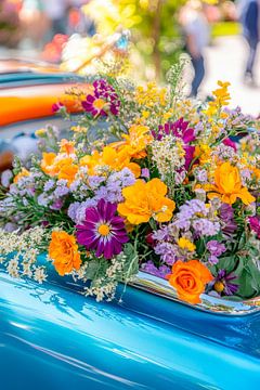 Bunte Blumenarrangements auf Auto von Poster Art Shop