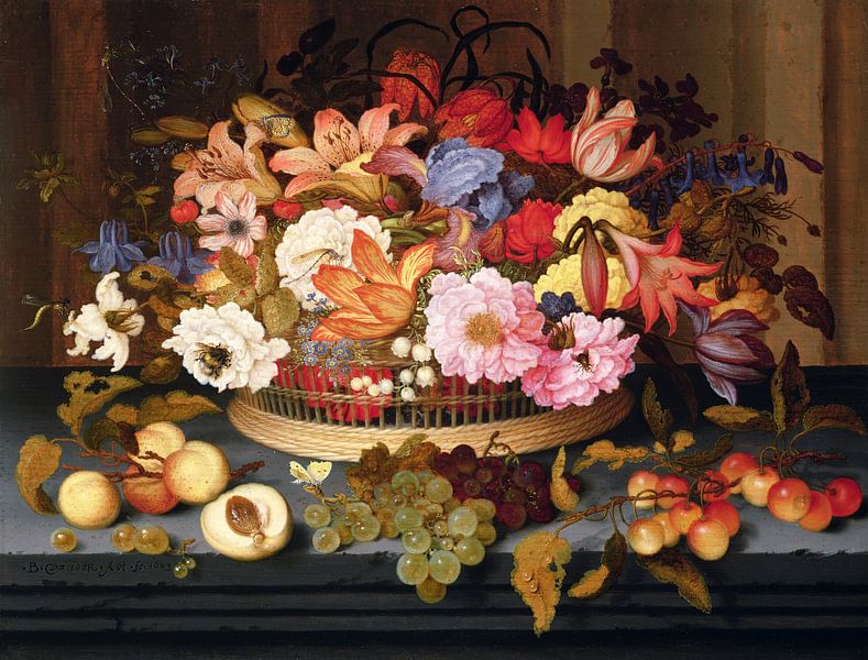 Balthasar van der Ast,Still Life of Fruit and a Basket of Bloeme by finemasterpiece