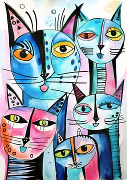 Colourful Cats Watercolour by Jacky