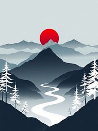 Soleil cramoisi au-dessus d'une rivière sinueuse dans une vallée de montagne brumeuse