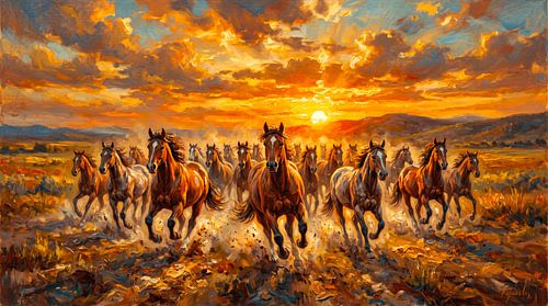 Peinture à l'huile : Chevaux au galop au coucher du soleil