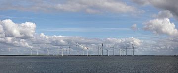 panorama of Krammer wind farm in Zeeland at the Krammer locks in the Philips dam with stacked clouds