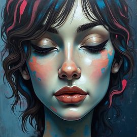 Abstract Elegance - Woman Portrait in Blue & Peach Shades by Kleurenrijk