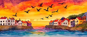 Kleurrijk kustlandschap bij zonsondergang van Poster Art Shop