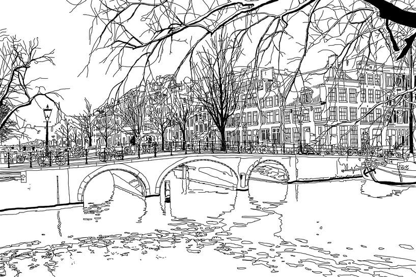 Tekening Brouwersgracht Keizersgracht Amsterdam Pentekening Lijntekening van Hendrik-Jan Kornelis