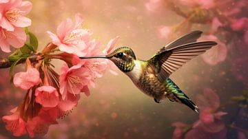 Der Zauber eines fliegenden Kolibris in einem Meer von Frühlingsblumen von New Visuals