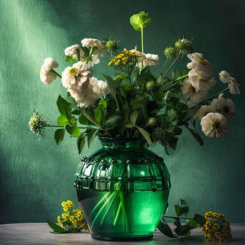 Green glass vase with white yellow summer flowers