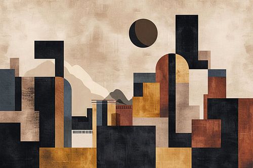 Geometrische Abstracte Skyline in Bruin en Goud