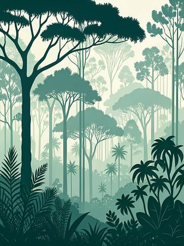 Mystical Jungle: A Serene, Verdant Forest Layers in a Dreamy Muted Palette