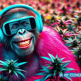 Affe - Daumen hoch, Kopfhörer & IN MY ELEMENT, Schimpansen im Cannabisfeld (3) von AidasignArt