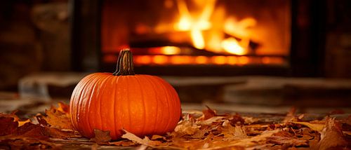 Courge devant la cheminée dans la lumière d'automne